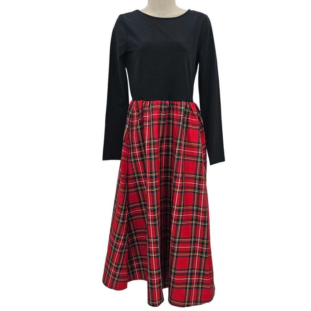 J. Crew Womans size XS Long Sleeve Knit Tartan Midi Dress Black Red CP789 NEW